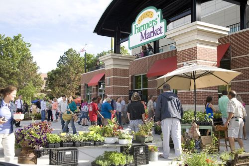 The image is of a group of people entering the Flint Farmers market. 